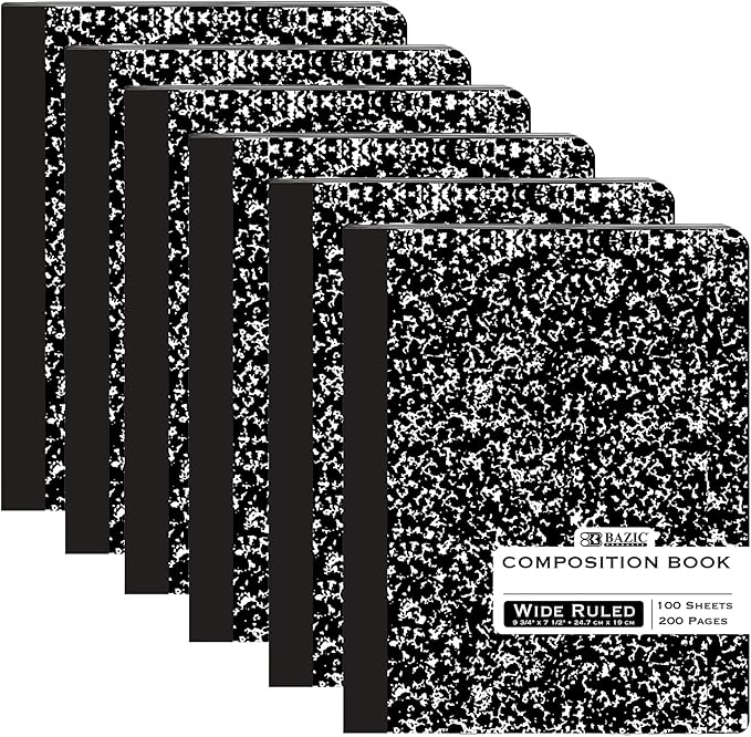 BAZIC Products Composition Notebook Wide Ruled - 100 Sheets, Black Marble Composition Notebook with Durable Cover, Non-Spiral for Journaling, School, Home, or Office, 6-Packs
