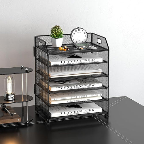 6-Tier Metal Paper Organizer, Black Letter Tray for Desk Office Supplies, Desktop File Folder Organizer Stand for Home, Office & Classroom Storage