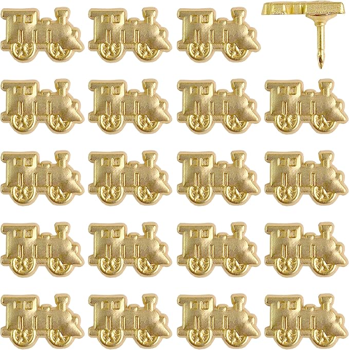 Train Push Pins - Gold Metal Train Pins - for Cork Board, Maps, or Lapel Pin Use - Designed in USA - Set of 20