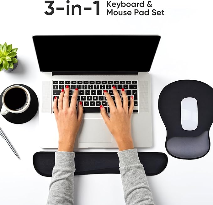 Wrist Rest Support for Mouse Pad Keyboard Set Circle Coaster Gaming Mouse Pad Ergonomic Gel Memory Foam Set for Computer, Laptop, Office, Pain Relief, Comfortably Typing Black KM-33