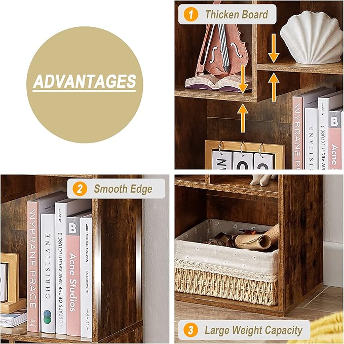 VECELO 3-Tier Small Bookcase, 4 Cube Bookshelf with Height Difference Shelves for Most Books, Modern Floor Standing Unit, Each Shelf Hold Up to 66 LBS for Living Room Bedroom, Rustic Brown