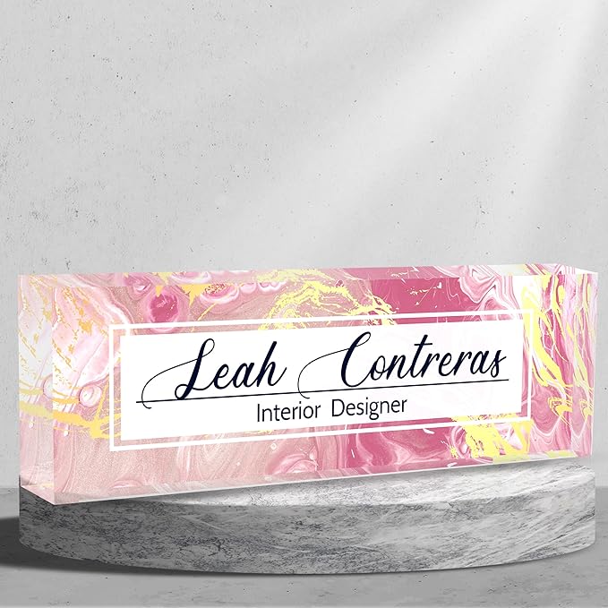 Personalized Name Plate for Desk Custom Acrylic Desk Name Plate Custom Employee Appreciation Gifts Office Gifts for Women, Men, Boss, Coworkers, Teacher, Nurse (Pink Flow Gold)