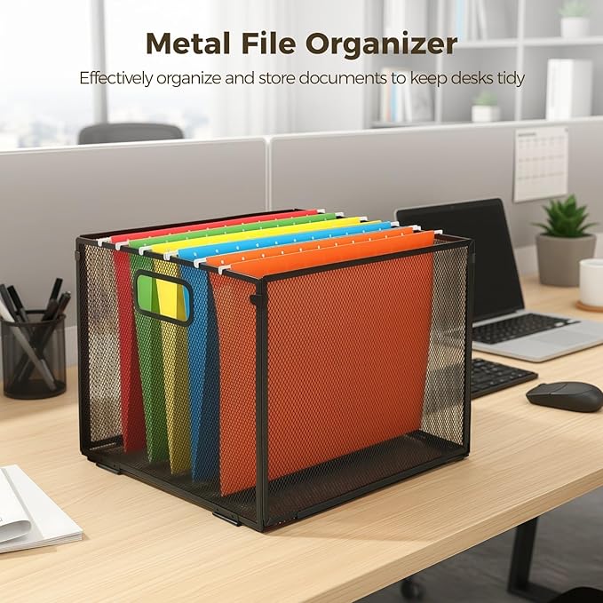 2 Pcs Heavy-Duty Metal Hanging Folder Organizers, 12.2 in Space-Saving Stackable File Crates for Hanging Folders, Portable & Foldable Multiuse File Folder Box with Handles, Black