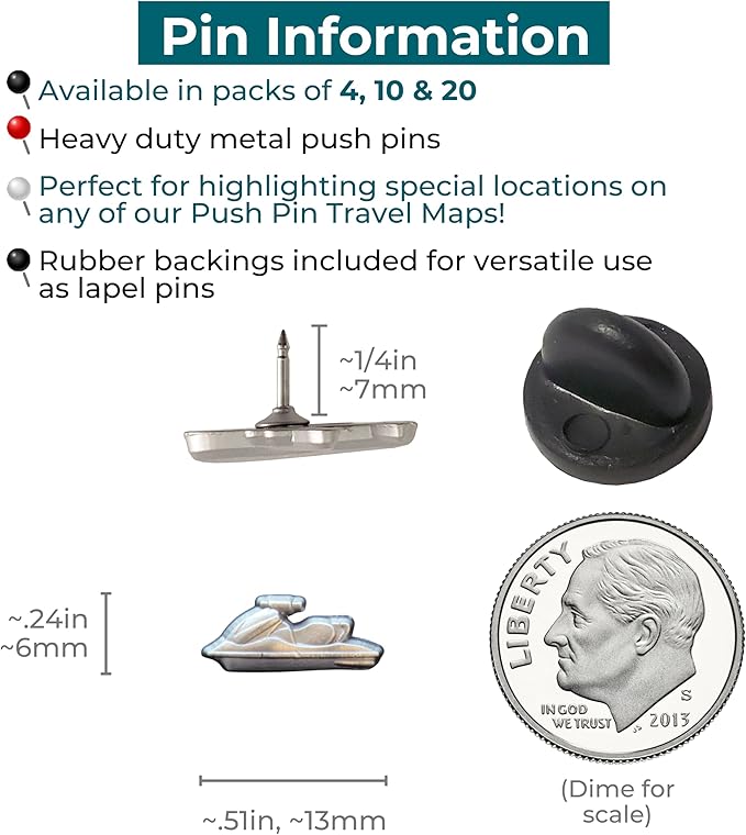 Jet Ski Push Pins - Silver Jet Ski Map Pins for Cork Boards, Maps, or Lapel Use - Designed in USA - Set of 10