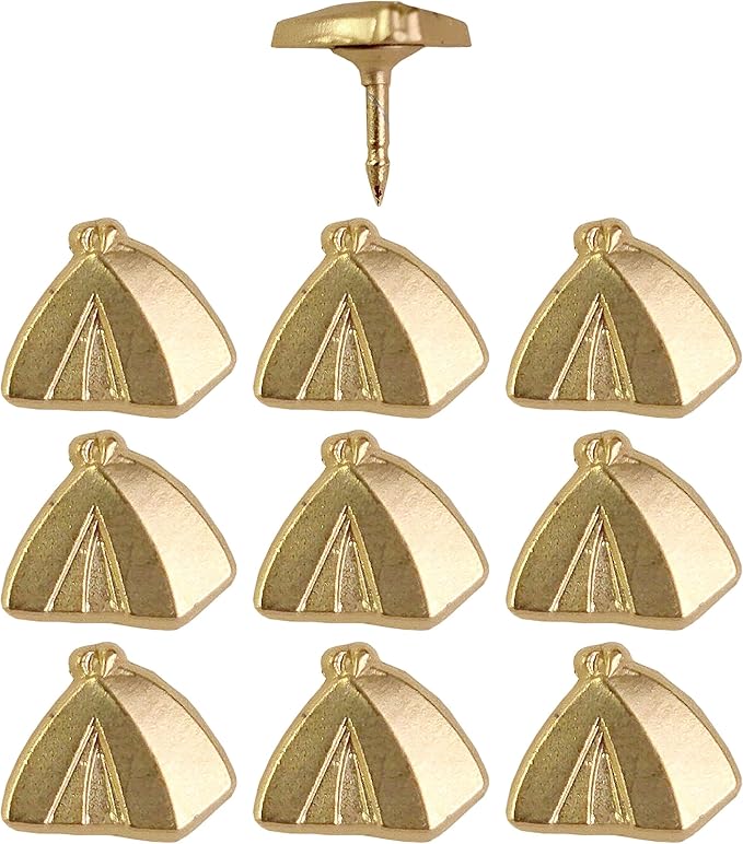 Tent Push Pins - Gold Camping Tent Pin - for Cork Board, Maps, or Lapel Pin Use - Designed in USA - Set of 10