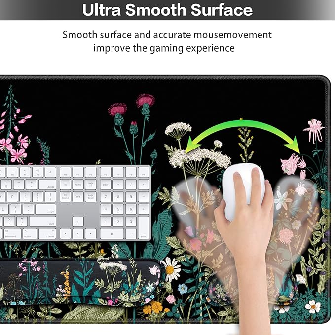 Desk Mat, Large Gaming Mouse Pad with Wrist Rest, 4in1 XXL Mousepad+Keyboard Wrist Rest+Mouse Pad Wrist Support+Cup Coaster Set Ergonomic Floral Computer Desk Arm Wrist for Decor Home Office Women