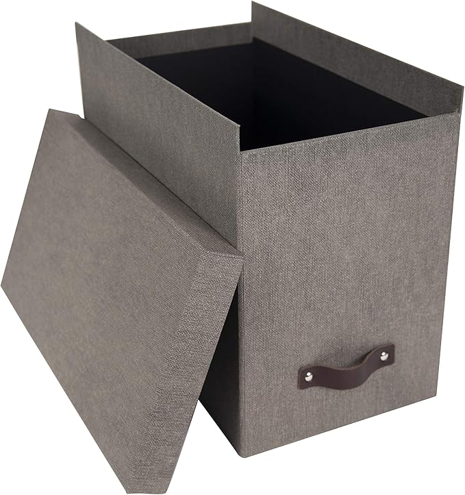Bigso John Desktop File Box - Storage Solution and Document Organizer for Important Paperwork - Durable Hanging File Box with a Lid and Leather Handle - 7.36 in x 13.26 in x 10.51 in - Grey