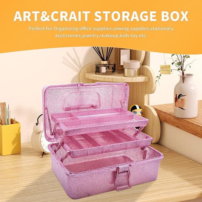 12.2inch 3-Layer Art & Craft Tool Storage Box, Beautiful Sewing Supplies Organizer, Plastic Portable Fishing Tackle Boxes, for Art Supply, Makeup, Hair Accessories, Painting Tools (Pink)