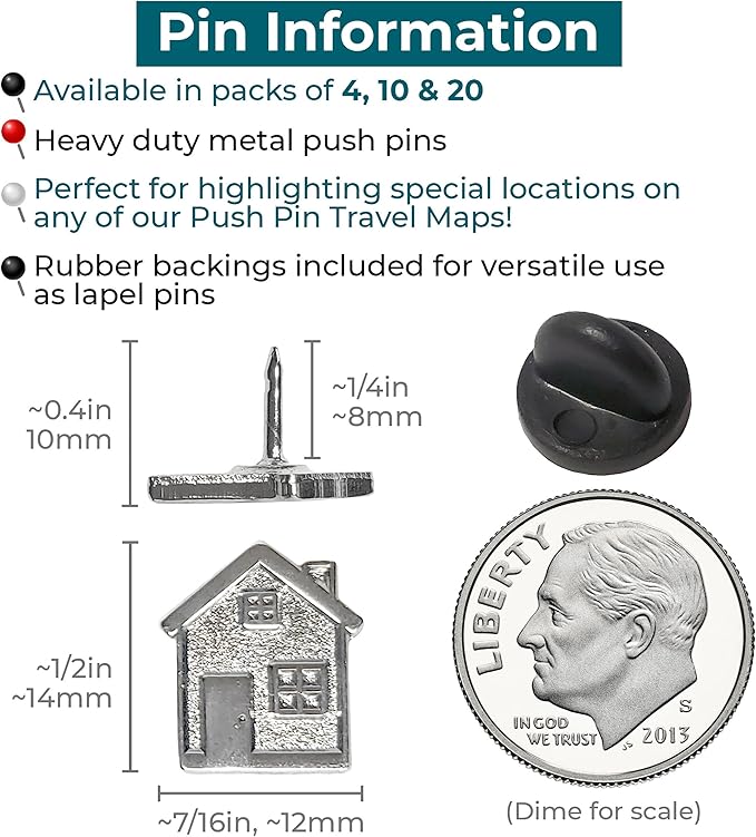 Big House Push Pins - Silver Metal Home Pins - for Cork Board, Maps, or Lapel Pin Use - Designed in USA - Set of 10
