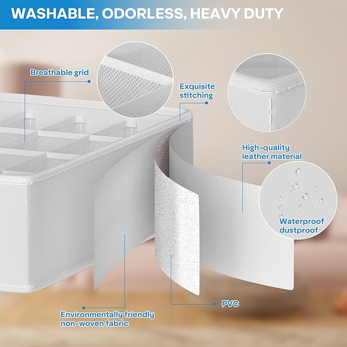 Classical Leather Sock Underwear Drawer Organizer clothes, Closet Dividers，64 Cell (16+24+24) Foldable Leather Storage Box for Panties, Ties, Accessories（3 Pack）