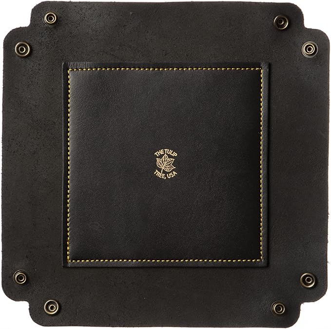 USA Handmade Premium Leather Valet Tray, Folds Flat! Dice Rolling Basket and Organizer with Brass Snaps (Black Gold, Large)