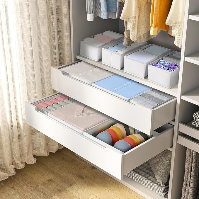 DIMJ Drawer Organizer Clothes, 18 Pack Dresser Organizer, Foldable Closet Organizers and Storage, Fabric Bins, Drawer Dividers for Nursery, Baby Clothes, Underwears, Sock (White)