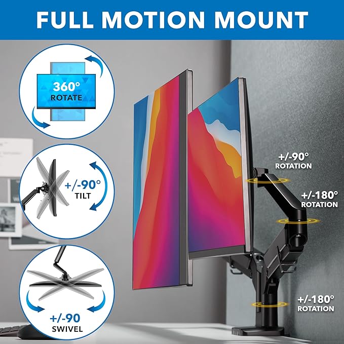 Mount-It! Dual Monitor Arm for 2 Monitors 17" to 32" Screens, Holds 19.8lbs per Arm, Height Adjustable, Tilt/Swivel/Rotate, Gas Spring System, Max VESA 100x100, C-Clamp & Grommet Base