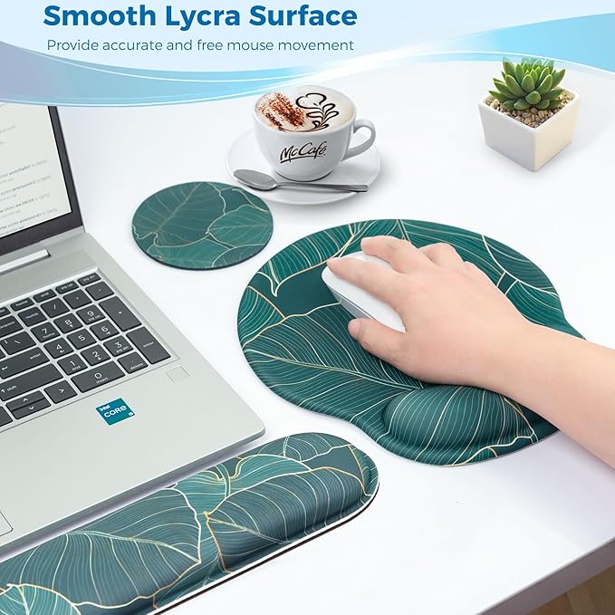 Mouse Pad and Keyboard Wrist Rest Support, with Non-Slip PU Base,Gel Mouse Pad with Coaster,Pain Relief for Gaming, Computer,Office -Green Leaves