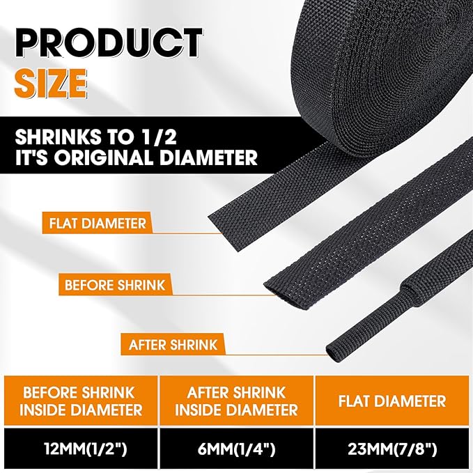Black 2:1 Ratio Automotive Heat Shrink Braided Sleeving,Wear-Resistant Flat Woven Shrinkable Sleeve Fabric Car Cable Wires Hoses Protection (1/2"-66ft)