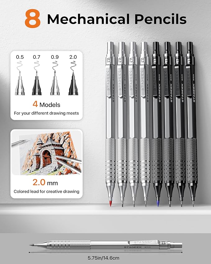 STAGEEK 45PCS Black & Silver Metal Mechanical Pencil Set in Leather Case, 0.5, 0.7, 0.9, 2.0mm Drafting Pencils with 28 Tubes(6B 4B 2B HB 2H 4H & Colors)Lead Refills for Art Drawing, Sketching,Writing