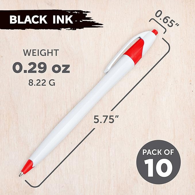 DISCOUNT PROMOS Slim Curvy Ballpoint Pens Set of 10, Bulk Pack - Black Ink, Retractable, Great for Office, School, Tradeshows - Red