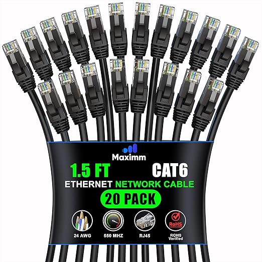 Maximm Cat 6 Ethernet Cable 1.5 ft (20-Pack) - High-Speed LAN Cable, Internet Cable, Patch Cable, and Network Cable - UTP, 10Gbps, 550MHz Ethernet Cord - Black