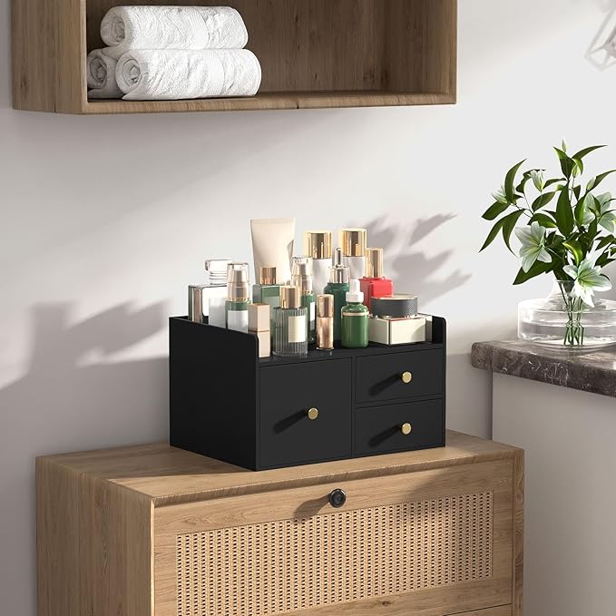 Bamboo Desk Organizer with Drawers Wooden Desktop Storage Organization Box for Bills Office Supplies Kitchen Utensils Organizing Tool for Home Classroom Vanity, No Assembly Required (3 Drawer, Black)