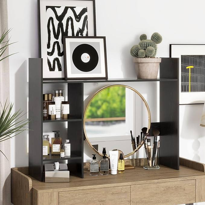 Desktop Bookshelf, Wood Desk Organizer Hutch with 3 Shelves for Computer Desk, 37.4'' Multipurpose Display Rack with Storage for College Dorm Office Home, Black