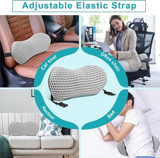 Lumbar Support Pillow with Bandage, Memory Foam pad for Relieving Lower Back Pain, and Back Support pad for Easy Fixation on Office Chair, car, Bed and Other Articles Back Pillow Gray