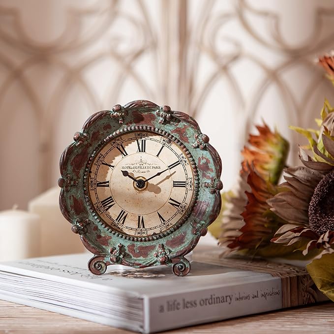 NIKKY HOME Table Top Clock, Vintage French Decorative Pewter Analog Desk Clock Battery Operated for Living Room Decor Shelf, Green