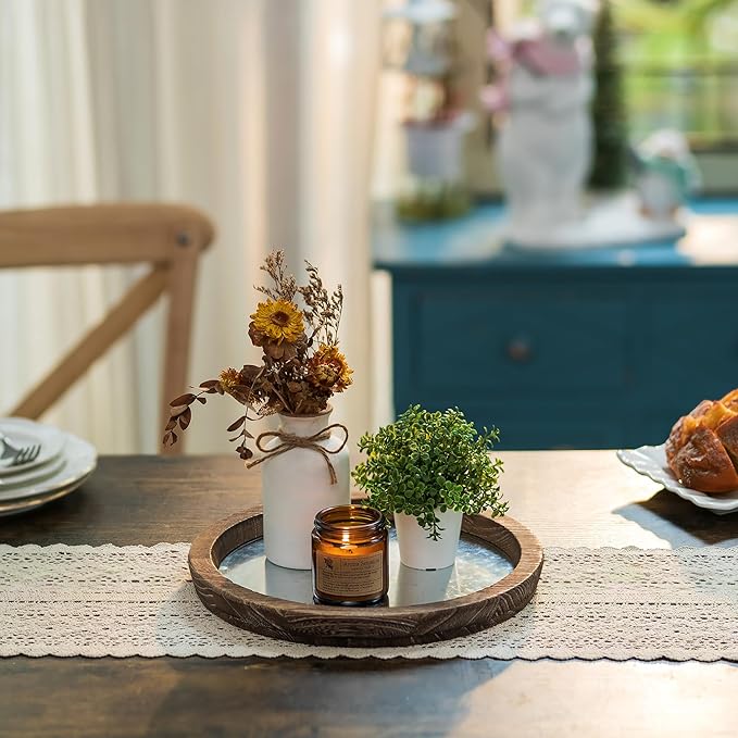 Hanobe Candle Plate Holder Tray: Round Wooden Decorative Mirror Candle Plate Small Farmhouse Table Centerpiece Rustic Tealight Pillar Trays for Christmas Wedding Halloween Home Decor