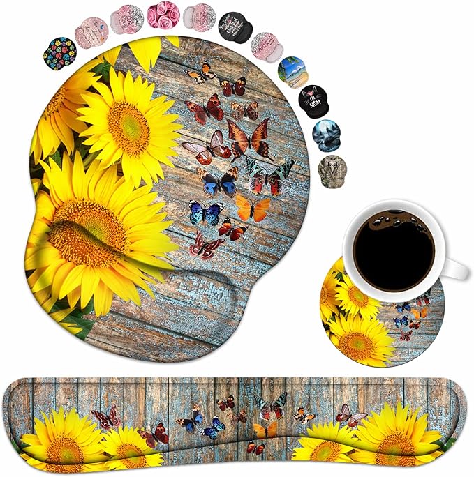 Keyboard Wrist Rest and Mouse Pad Wrist Support Set with Coasters, Sunflower and Butterfly Design Wrist Mouse Pad with Non-Slip PU Base for Computer Laptop Home Office Working Studying Easy Typing