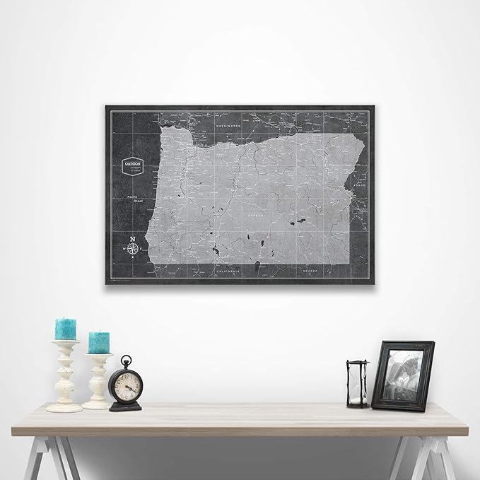 Push Pin Oregon Map Board - With Push Pins to Mark Oregon Travels - Handmade in Ohio, USA - Design: Modern Slate