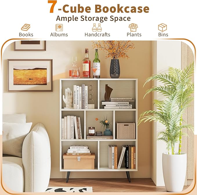 Tangkula 7-Cube Bookcase, Modern Storage Bookshelf with 4 Tapered Metal Legs & 2 Anti-Tip Kit, Freestanding Display Rack for Living Room, Study Room (White, 7-Cube)