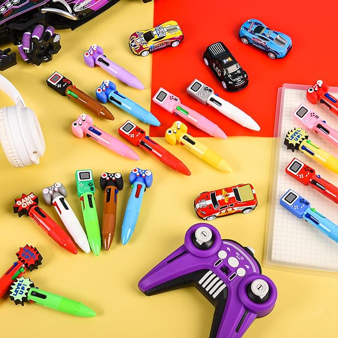 LiYiQ 100 Pcs Video Game Colorful Multicolor Pen in One Cartoon Cute Fun 4-in-1 Cute Pens Bulk Kawaii Game Handle Level Up Games Console Shape Cool Ballpoint Pens for Kids Fun Gifts