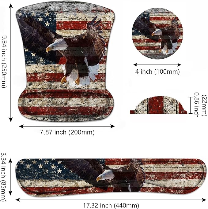 Keyboard Wrist Rest and Mouse Pad Wrist Support Set with Coasters, Non-Slip PU Base Ergonomic Mousepad for Computer Laptop Home Office Easy Typing & Pain Relief, Military Wall Graffiti USA Flag Eagle