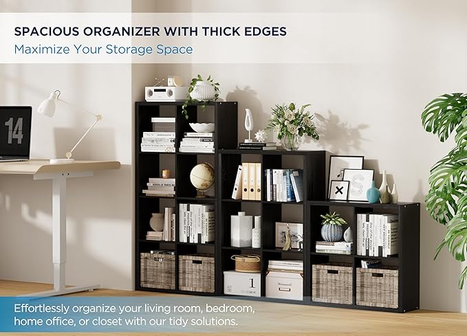 12-Cube Storage Organizer, Wooden Cube Shelf Bookcase with Reinforced Thick Shelves, Heavy-Duty 36.93" L x 9.37" W x 48.82" H, for Living Room Bedroom Home Office, Black