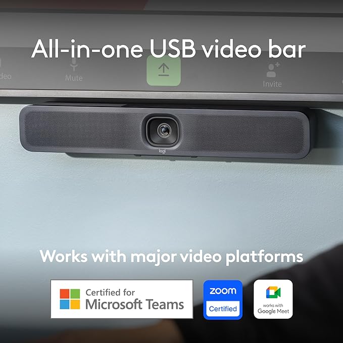 Logitech MeetUp 2 All-in-One USB Conference Room Camera, Compact Video Bar with Built-in AI Features, Works with Microsoft Teams, Zoom Rooms, Google Meet, and More,Color-Graphite.