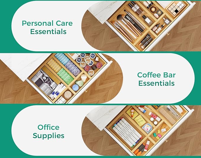 Long Bamboo Kitchen Drawer Organizer Boxes – 17" x 6" Stackable Wood Silverware Utensil Tray for Drawers Bins Cutlery & Flatware Storage – Wooden Pantry Organizers Set of 2 for Junk Drawer Bathroom Rv