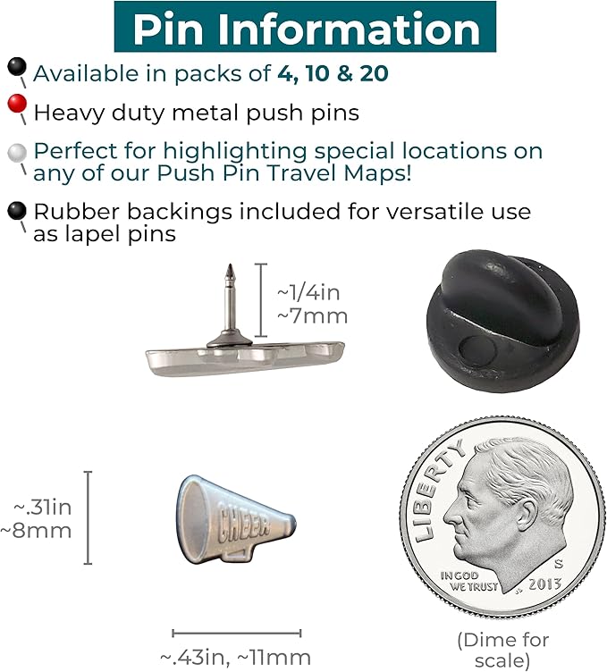Cheer Megaphone Push Pins - Silver Cheerleading Megaphone Pins for Cork Boards, Maps, or Lapel Use - Designed in USA - Set of 10