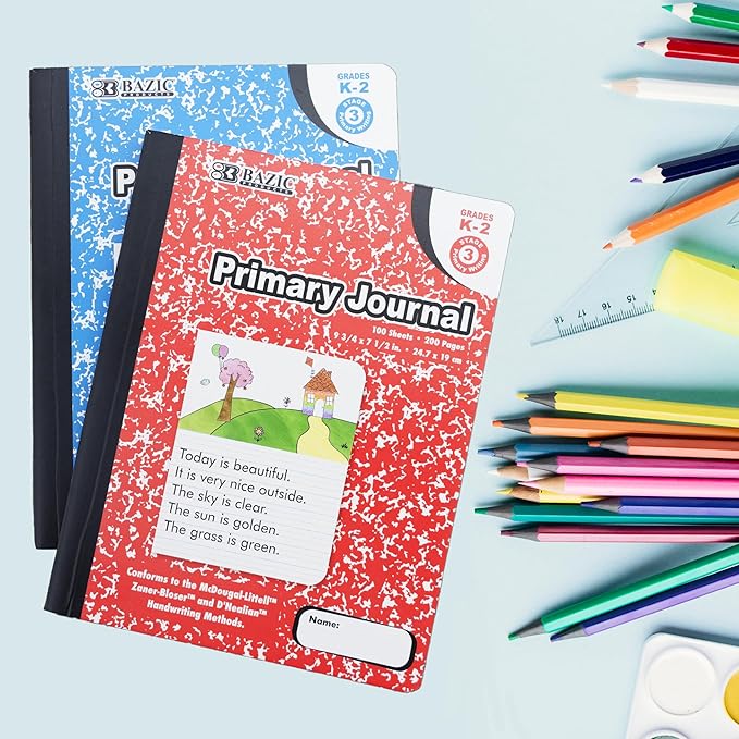 BAZIC PRODUCTS Primary Journal Composition Book Marble, Primary Journal, Writing Journal, Notebooks for Kids, Drawing & Writing Notebook for Kindergarten School Use, Grades K-2, 100 Sheets, 2-Pack