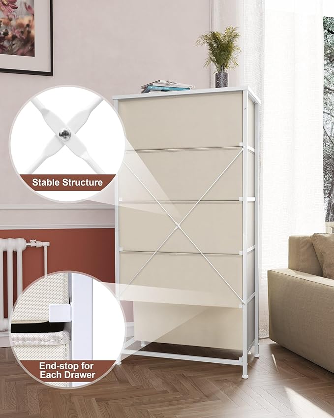 Crestlive Products Vertical Dresser Storage Tower - Sturdy Steel Frame, Wood Top, Easy Pull Fabric Bins - Wide Organizer Unit for Bedroom, Hallway, Entryway, Closets - 5 Drawers(Beige)