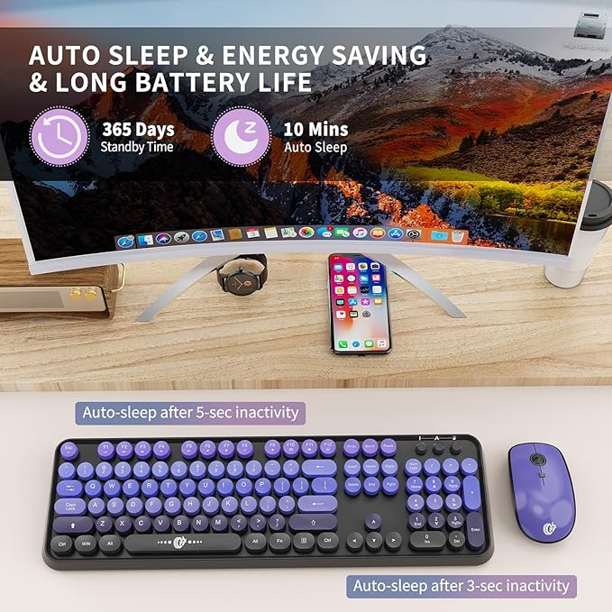 FOPETT Wireless Keyboard and Mouse Combo, 104 Keys Full-Sized 2.4 GHz Round Keycap Colorful Keyboards, USB Receiver Plug and Play, for Windows, Mac, PC, Laptop, Desktop (GradientPurple)