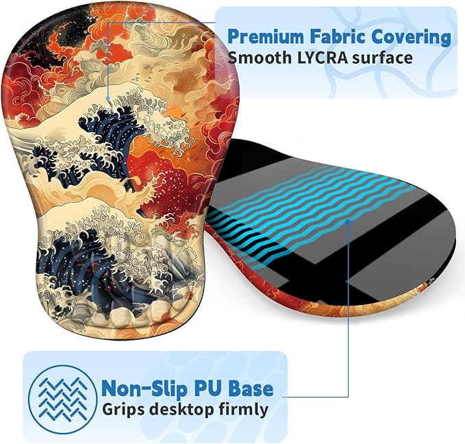 YIWEI Ergonomic Mouse Pad with Wrist Rest - Comfortable Office Mousepad with Memory Foam Wrist Support for Carpal Tunnel Relief, Mouse Pads with Non-Slip Base for Gaming and Home (Waves)