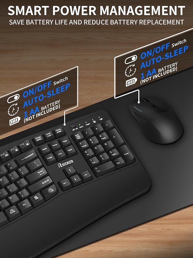 Wireless Keyboard and Mouse Combo,2.4G Full Size Wave Keys Ergonomic Keyboard with Wrist Rest for Natural Typing, 3 DPI Adjustable Ergonomic Silent Mouse for Computer/Laptop/Windows/Mac (Black)