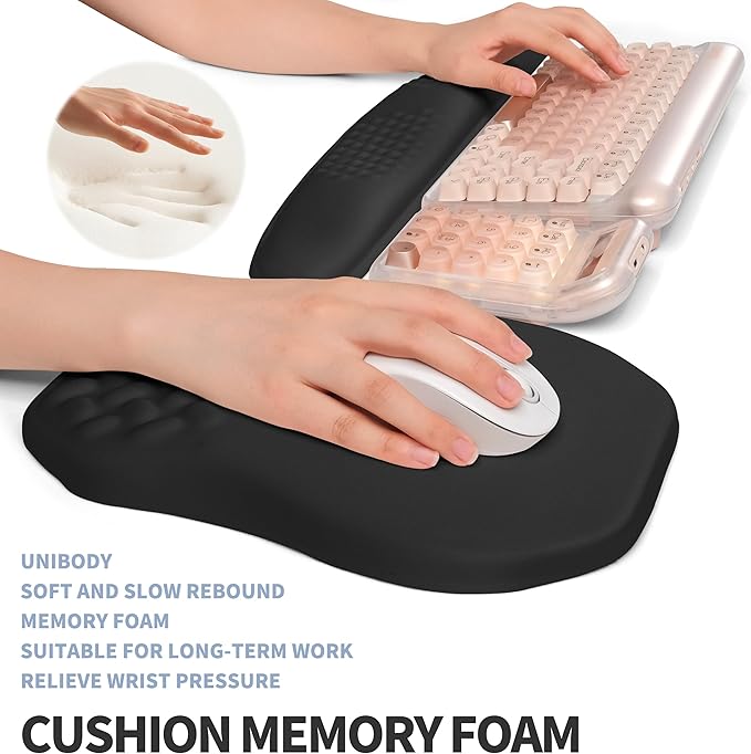 2-in-1 Ergonomic Set, Wave Keyboard Wrist Rest and Massage Slope Mouse Pad Wrist Support, Rebound Memory Foam for Relieve Carpal Tunnel Syndrome and Wrist Pain (Black)