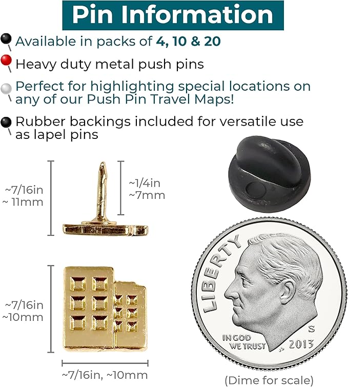 Building Push Pins - Gold Metal Building Pins - for Cork Board, Maps, or Lapel Pin Use - Designed in USA - Set of 10