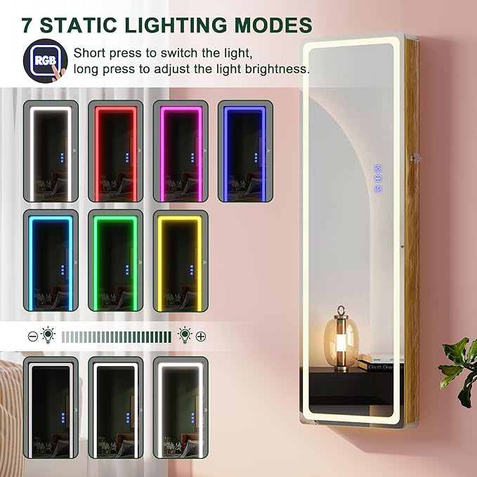 HNEBC LED Mirror Jewelry Cabinet with RGB Lights,47.2" Wall Mounted Jewelry Organizer with Full-Length Mirror,Over The Door Hanging Jewelry Armoire Storage Cabinet,Folding Dresser,2 Drawers,Lockable