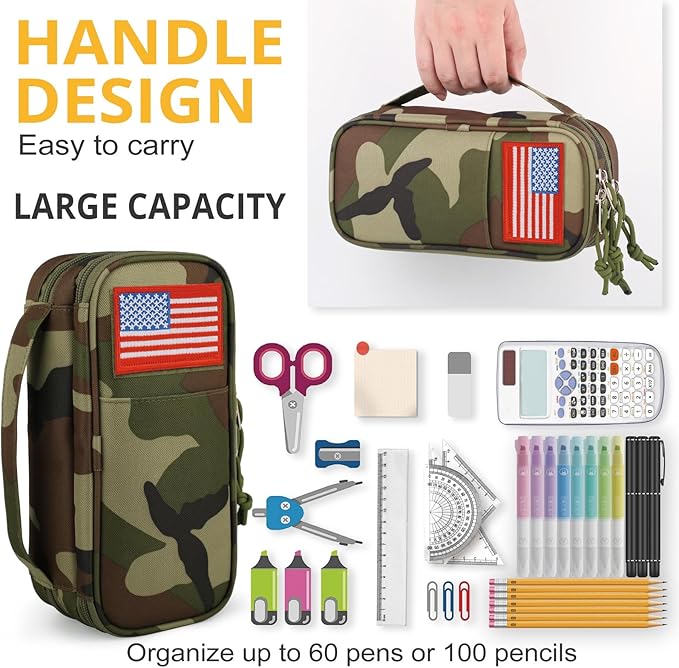 Tactical Pencil Case for Boy,Large Capacity Pencil Pouch,Marker Organizer Case Pen Box, Tool Bag Desk Organizer for School College Office Organizers for Kids Men Women Adult Teens(Camo Green)