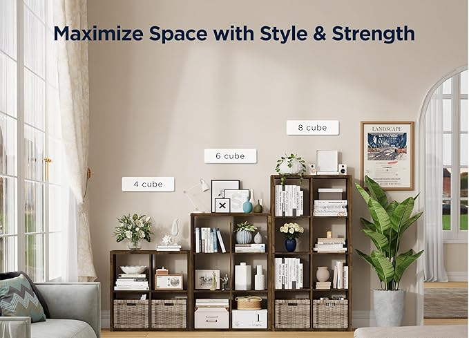 7 Cube Storage Organizer, Cube Shelf with Heavy-Duty Thick Boards, 25.12" L x 9.37" W x 48.74" H, Smooth Easy-Clean Panels, Simple Assembly, for Living Room Bedroom Office, Brown