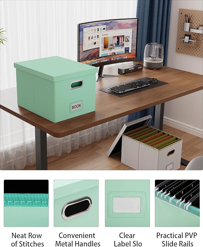 Oterri 2 Pack File Storage Organizer Box,Portable File Box with Lid,Fit for Letter/Legal File Folder Storage, Mint-green(Leather)