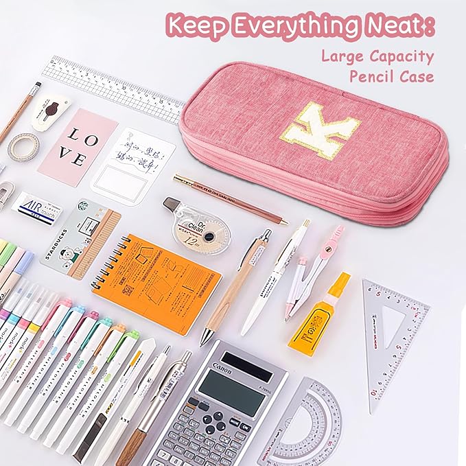 Large Capacity Pink Pencil Case, Cute Pencil Case Pencil Pouch with Zipper For Girls Women, Expandable Preppy Pencil Bag Large Storage High Capacity Bag Organizer for School Home Office Supplies, K