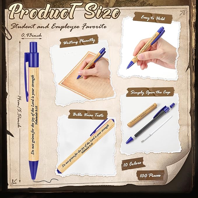 Cholemy 100 Pcs Christian Bible Verse Ink Pens Bamboo Christian Pens Bulk Wooden Inspirational Ballpoint Religious Gifts for Women Colleague Pastor Wife Church(Colorful)