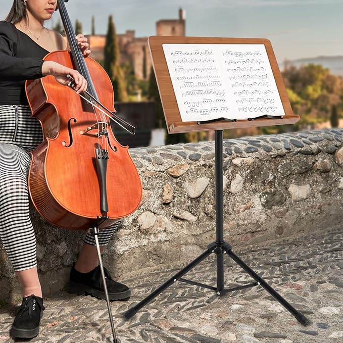 Sheet Music Stand & Desktop Book Stand, Rotatable Music Book Holder Stand,Wooden Portable Sheet Music Table Stand Height Adjustable from 27.5-74.8in with Book Stand Support,Foldable Tripod